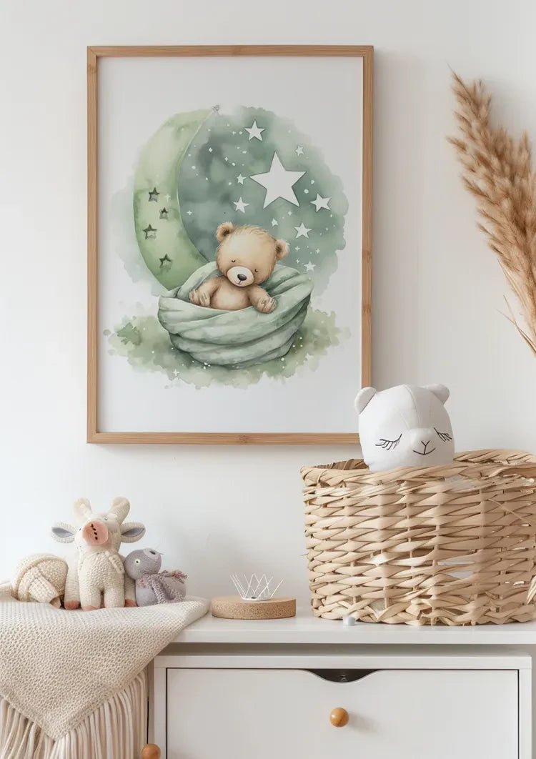 Schlafender Teddybär Grüne Mond Sterne Decke Verträumtes Kinderzimmer Gemälde