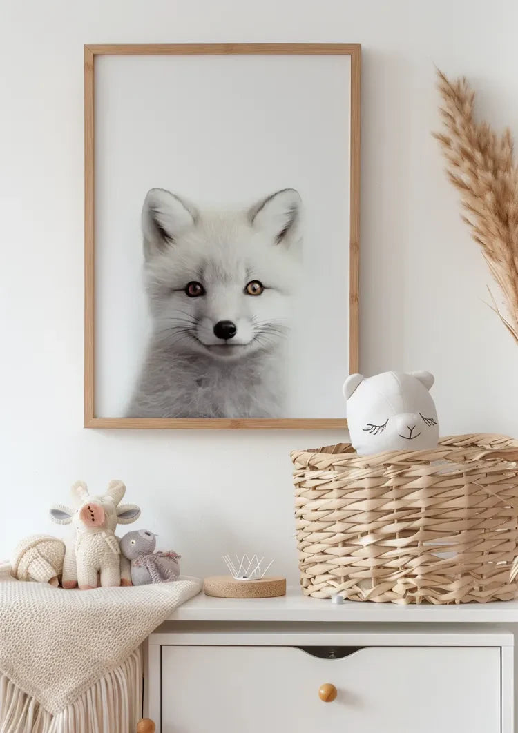 Weißer Fuchs Zwei Farbige Augen Weiches Fell Porträt Minimalistisches Gemälde