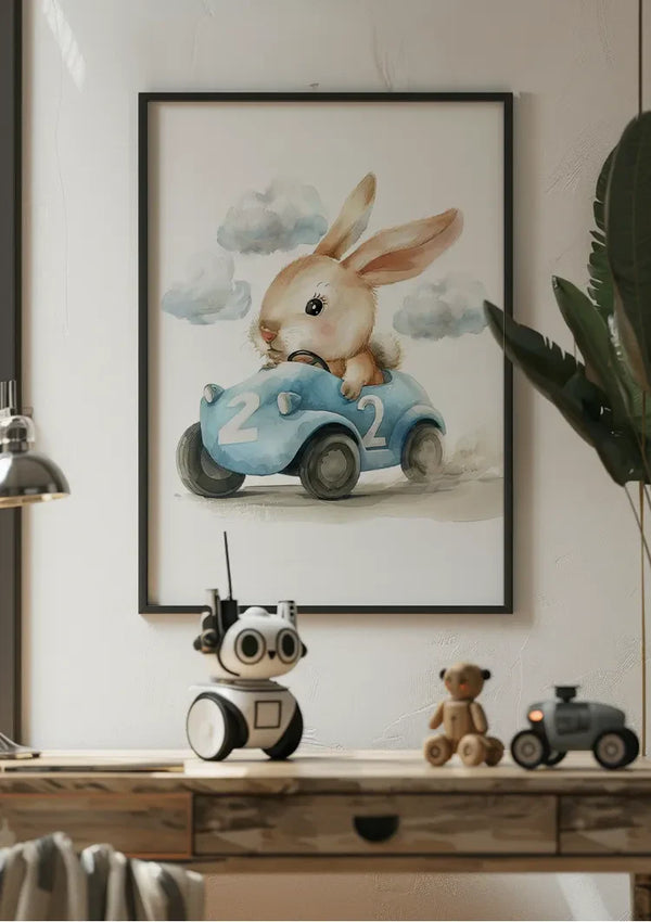 Cute Bunny in Blue Race Car Nursery Illustration Painting