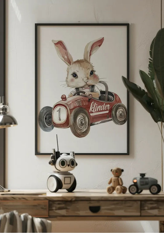 Konijn Rode Vintage Raceauto Kinderkamer Aquarel Canvas Schilderij