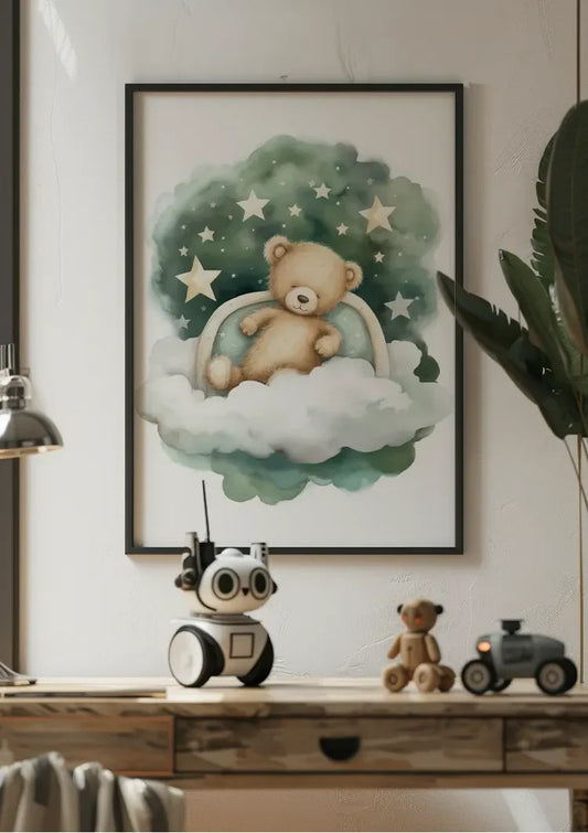 Slapende Teddybeer Wolk Sterren Waterverf Dromerig Kinderkamer Canvas Schilderij
