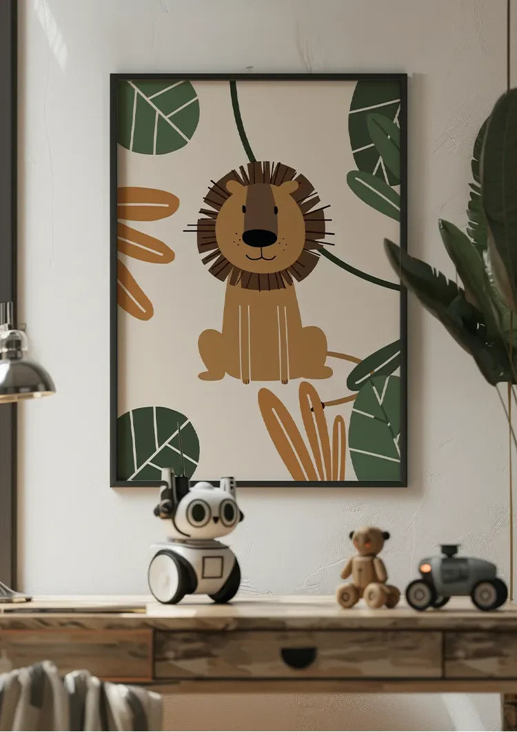Niedliche Löwen-Illustration Tropische Blätter Dschungel Kinderzimmer-Gemälde