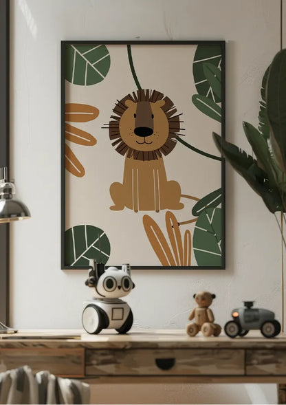 Niedliche Löwen-Illustration Tropische Blätter Dschungel Kinderzimmer-Gemälde