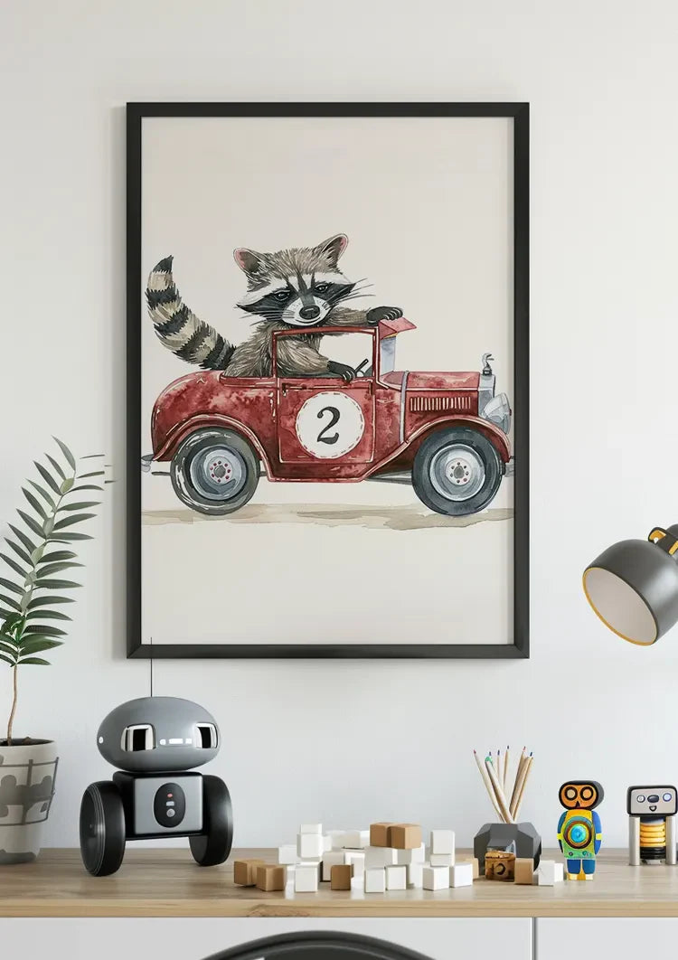 Niedliches Waschbär Rotes Vintage-Rennwagen Kinderzimmer Wandbild