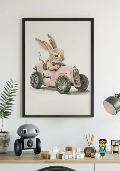 Cute Rabbit Pink Vintage Car Nursery Painting