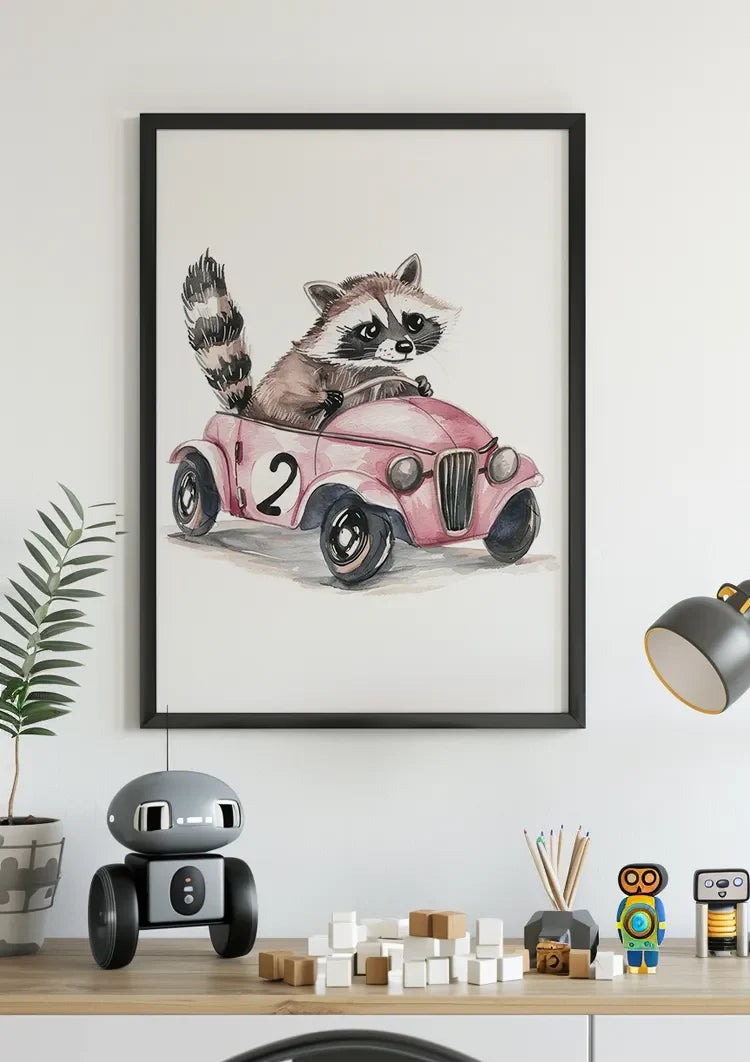 Niedliches Waschbär Rosa Oldtimer Kinderzimmer Gemälde