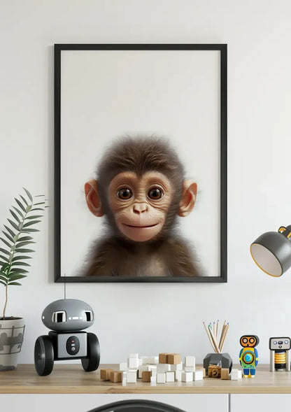 Jong Aapje Grote Ogen Portret Witte Achtergrond Schilderij