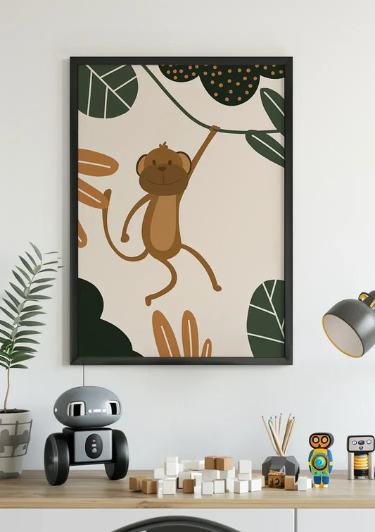 Lachende Aap Liaan Groene Bladeren Speels Jungle Kinderkamer Canvas Schilderij