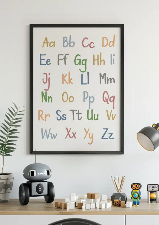 Pastel alphabet canvas painting on the wall in the hallway.
