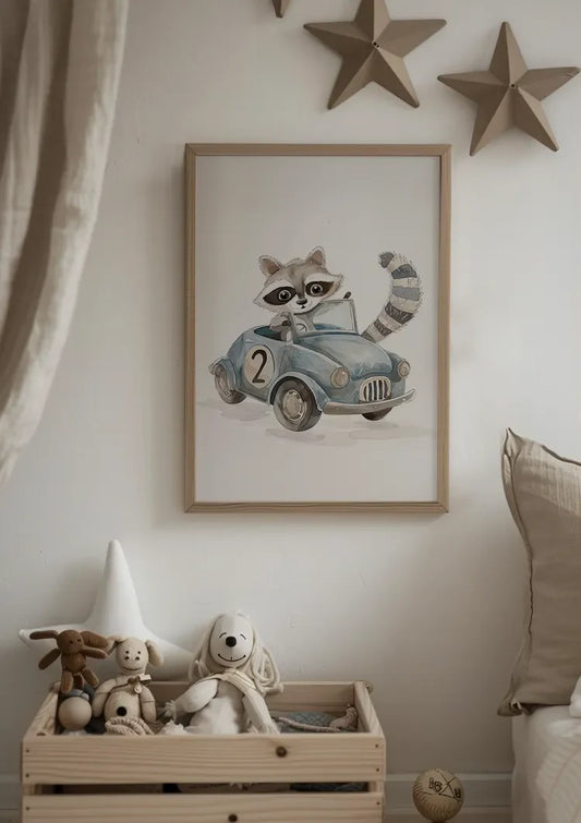 Waschbär Blau Vintage Rennwagen Aquarell Kinderzimmer Gemälde