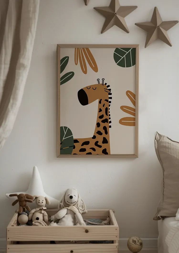 Niedliche Giraffe Geschlossene Augen Tropische Blätter Erdtöne Kinderzimmer Bild