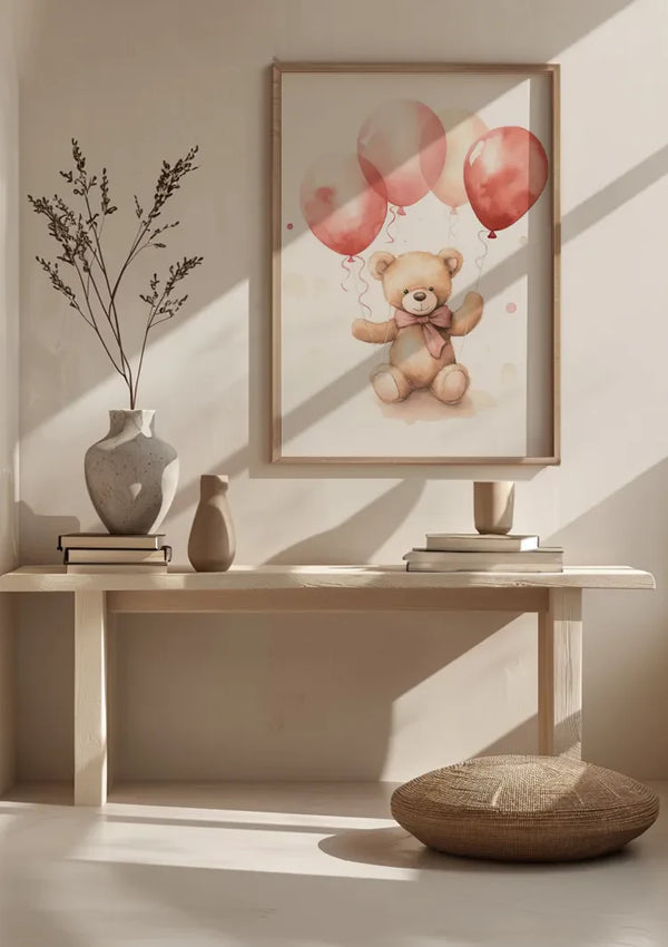 Teddybeer Roze Ballonnen Kinderkamer Schattig Aquarel Schilderij
