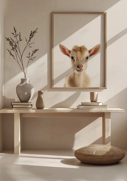 Niedliche Ziege Große rosa Ohren Neugieriger Blick Helles Porträt Gemälde