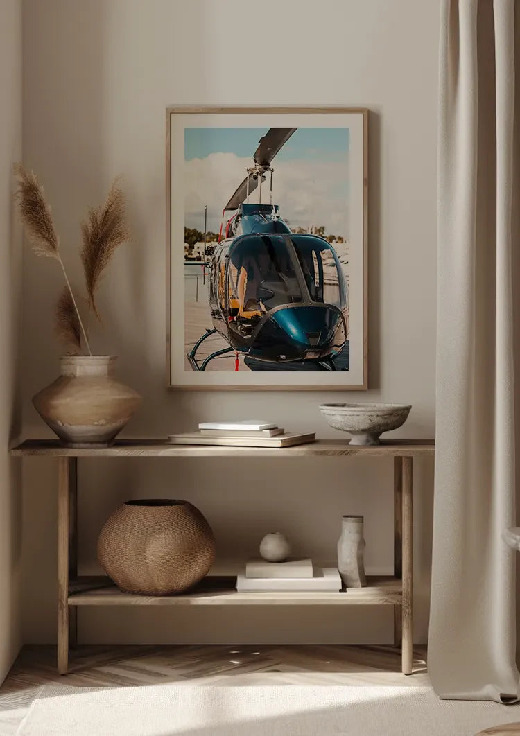 Shiny Helicopter on Wooden Dock by Calm Water Painting