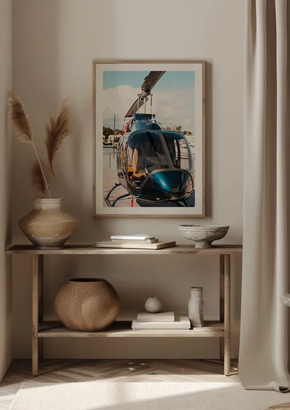 Shiny Helicopter on Wooden Dock by Calm Water Painting