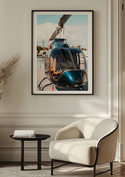 Shiny Helicopter on Wooden Dock by Calm Water Painting