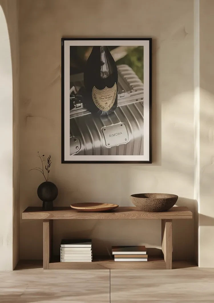 Silver RIMOWA Suitcase with Champagne Bottle Luxury Painting