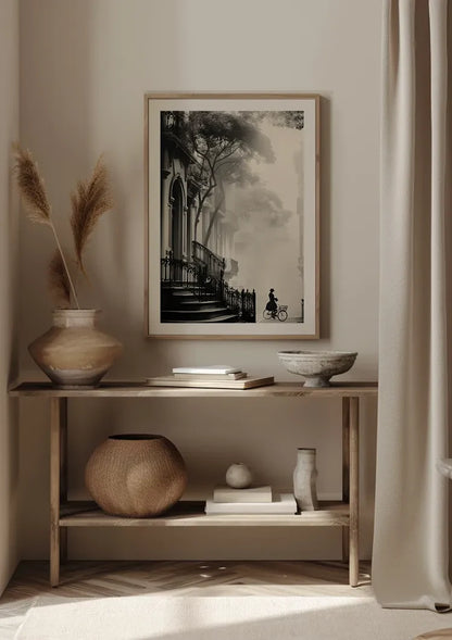 Woman on Bicycle by Church Black and White Misty Street Scene Painting