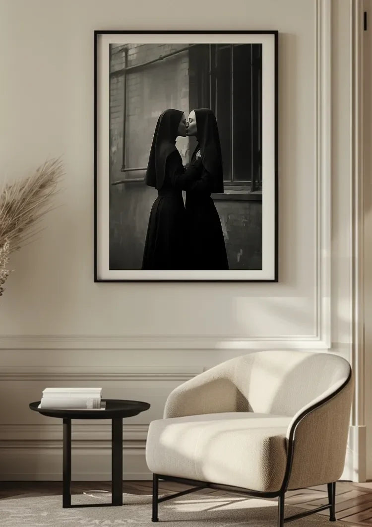 Zwei Nonnen küssend Schwarz-Weiß-Kunstfotografie Gemälde