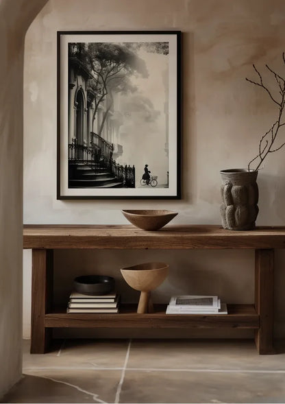 Woman on Bicycle at Church Atmospheric Black and White Painting