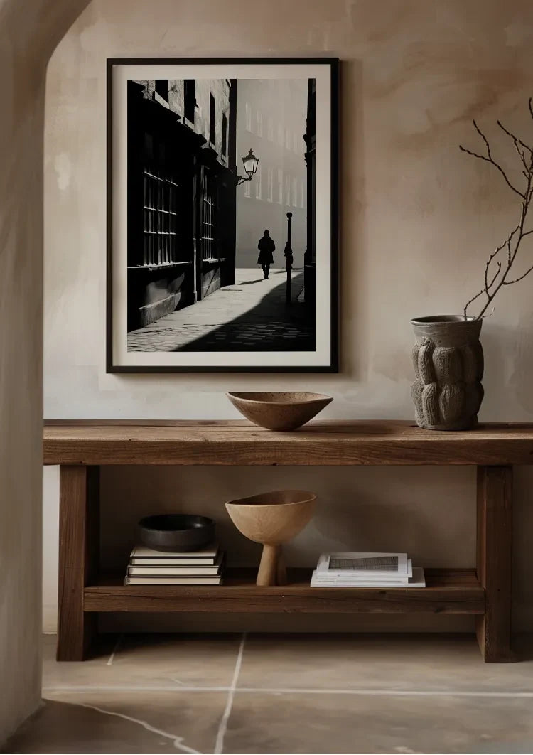 Lonely Man in Misty Street Black and White Vintage Painting