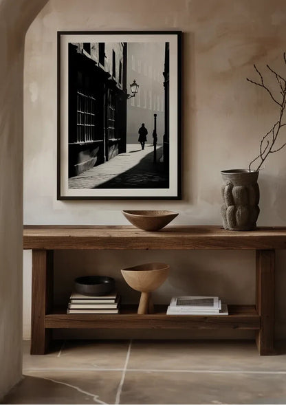 Lonely Man in Misty Street Black and White Vintage Painting