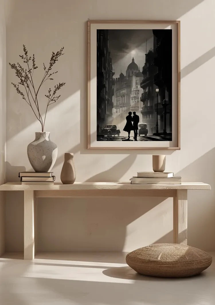 Romantic Couple in Night City Black and White Painting
