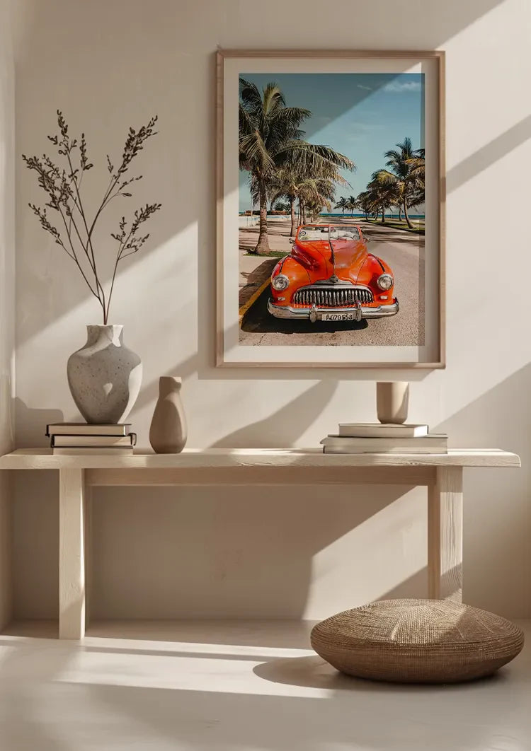 Rotes Vintage Cabrio bei Palmen Tropisches Sommergemälde