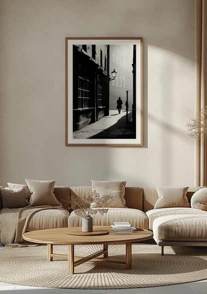 Lonely Man in Misty Street Black and White Vintage Painting