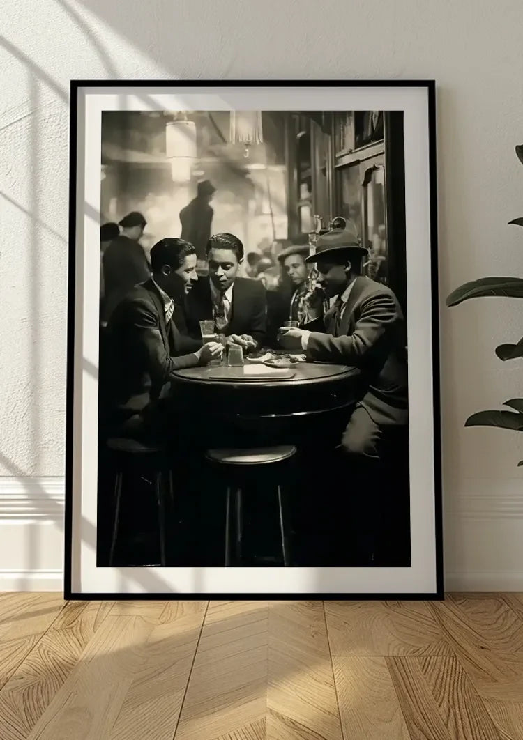 Gentlemen at the Table in Café Vintage Black and White Painting