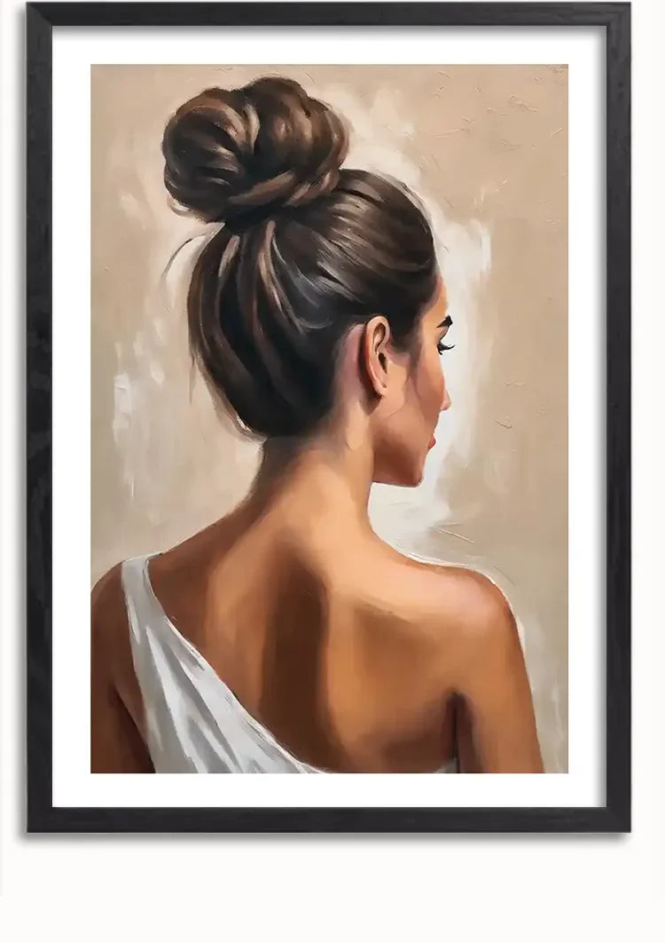 Woman Back Elegant Bun White Gown Beige Portrait Painting