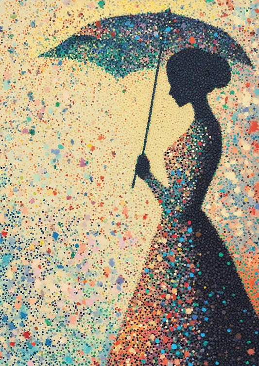 Woman with Umbrella Colorful Raindrops Silhouette Painting
