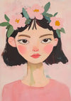 Girl with Flowers in Her Hair Pink Background Portrait Painting