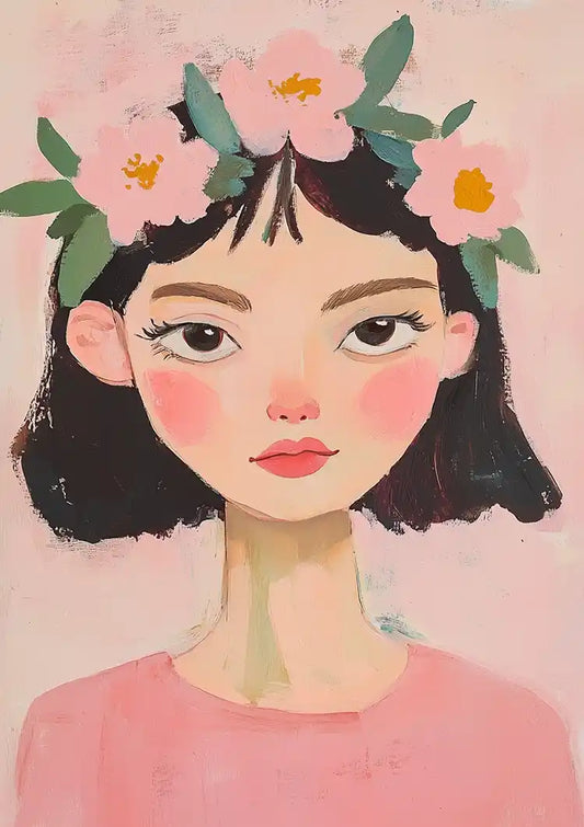Girl with Flowers in Her Hair Pink Background Portrait Painting