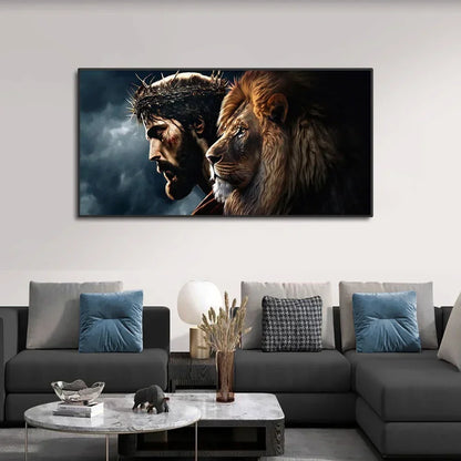 Portret van een man met een doornenkroon en een leeuw – Canvas wandkunst