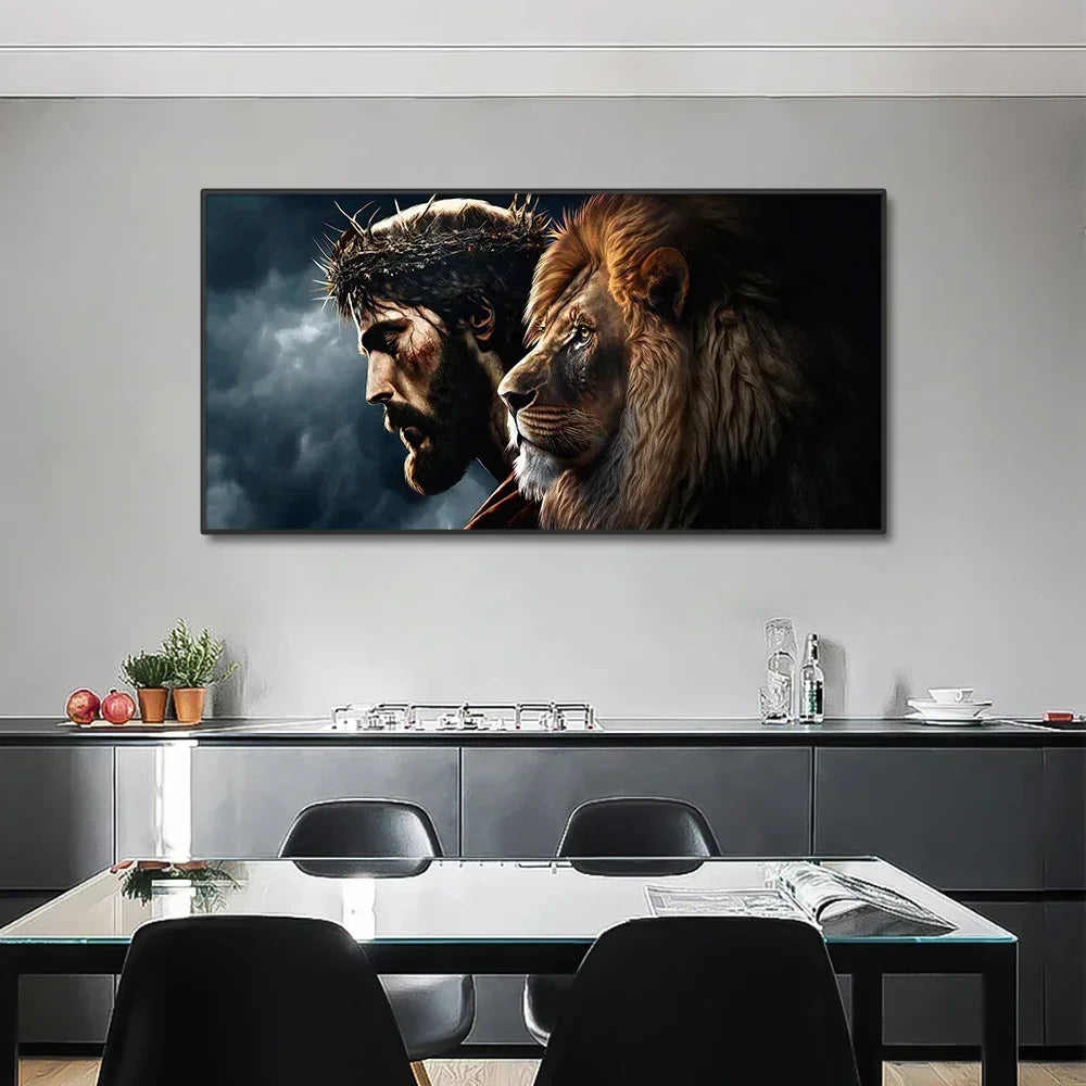 Portret van een man met een doornenkroon en een leeuw – Canvas wandkunst