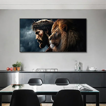 Portret van een man met een doornenkroon en een leeuw – Canvas wandkunst