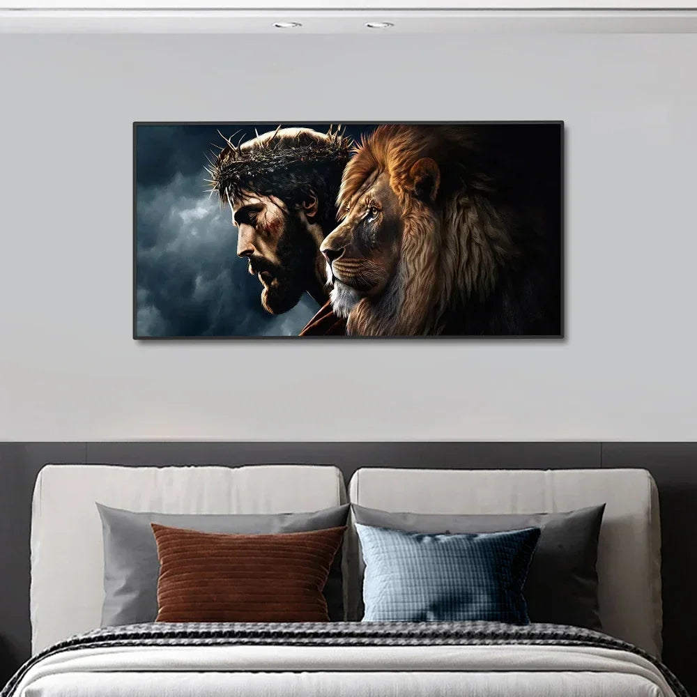 Portret van een man met een doornenkroon en een leeuw – Canvas wandkunst
