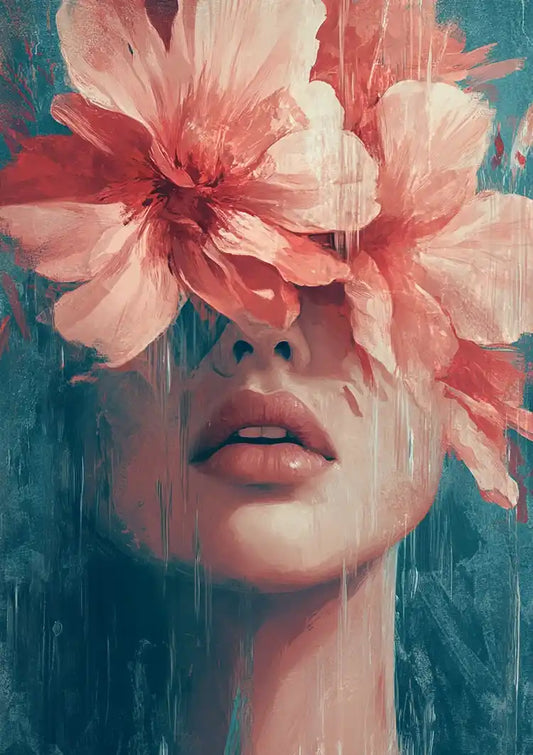 Woman with Pink Flowers Turquoise Background Portrait Painting