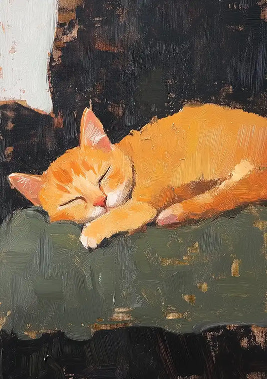 Slapende oranje kat canvas schilderij in oranje en zwart, expressieve stijl