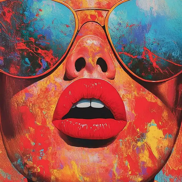 Vrouw Zonnebril Rode Lippen Kleurrijke Verf Surrealistisch Pop Art Schilderij