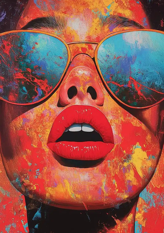 Vrouw met zonnebril canvas schilderij in rood, geel en blauw, in pop art stijl.