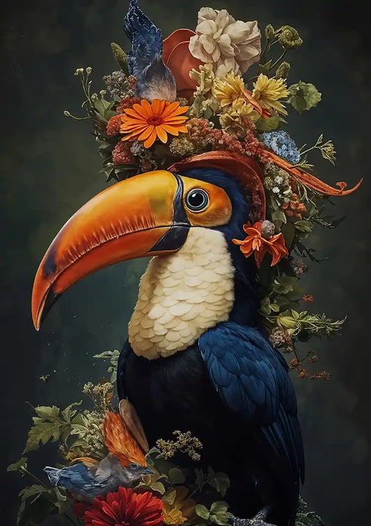 Tukan Tropische Blumen Kopfschmuck Dunkles Gemälde