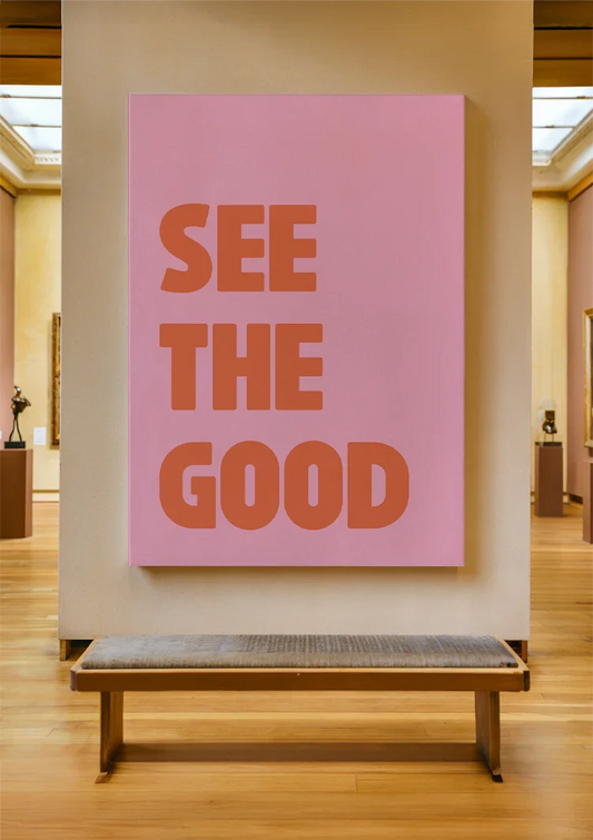 See the good text canvas painting on the wall above the sofa in the hallway