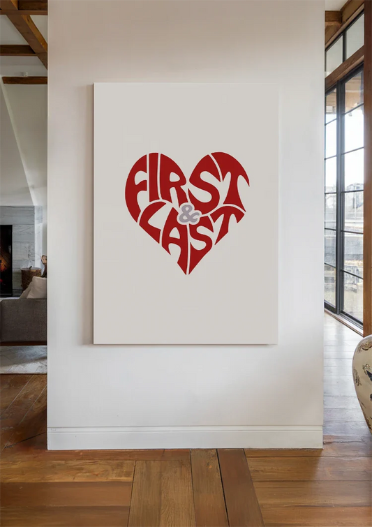 Red heart canvas painting on the wall in the hallway.
