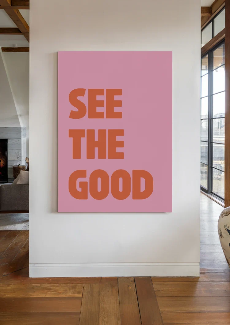 See The Good Oranje Tekst Roze Achtergrond Positief Typografie Pop Art Schilderij