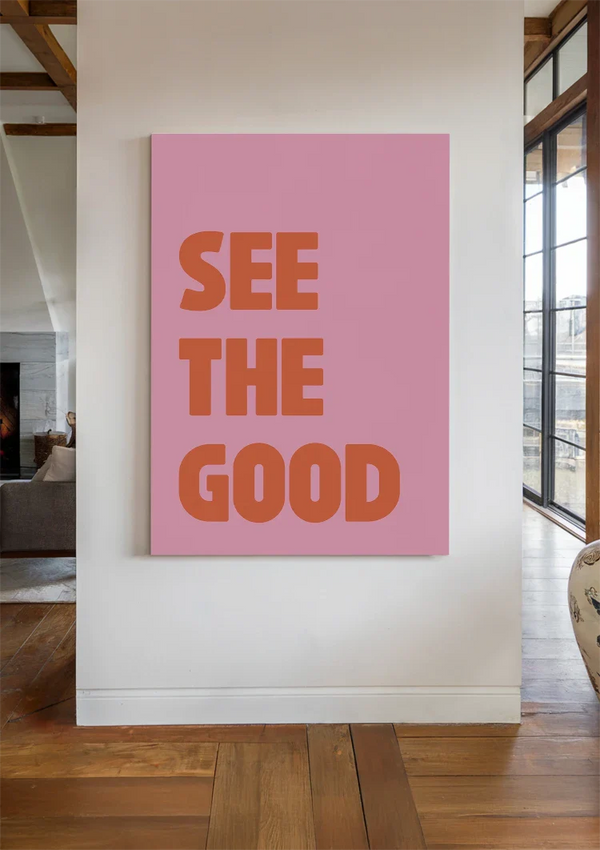 See The Good Oranje Tekst Roze Achtergrond Positief Typografie Pop Art Schilderij