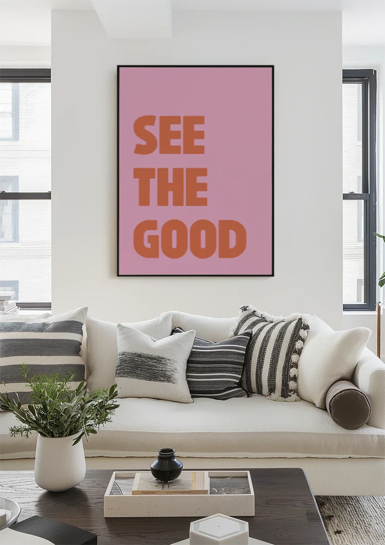 See The Good Oranje Tekst Roze Achtergrond Positief Typografie Pop Art Schilderij