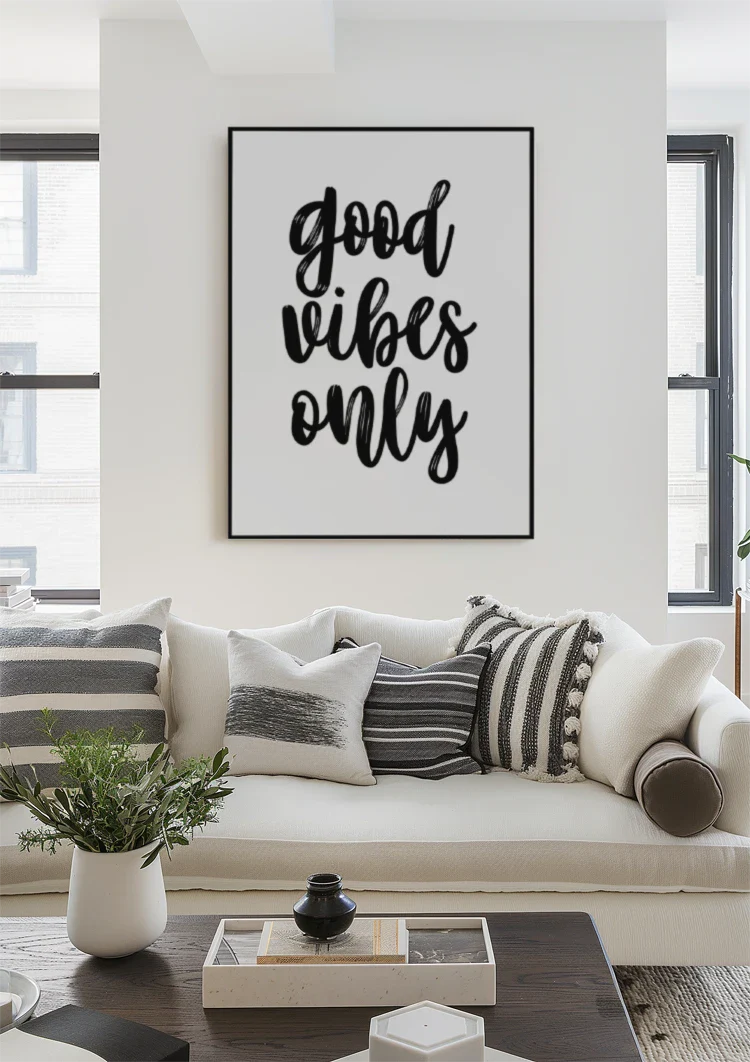 Good Vibes Only Schwarze Handschrift Weißer Hintergrund Positives Minimalistisches Gemälde