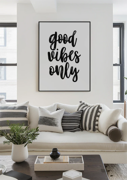 Good Vibes Only Schwarze Handschrift Weißer Hintergrund Positives Minimalistisches Gemälde